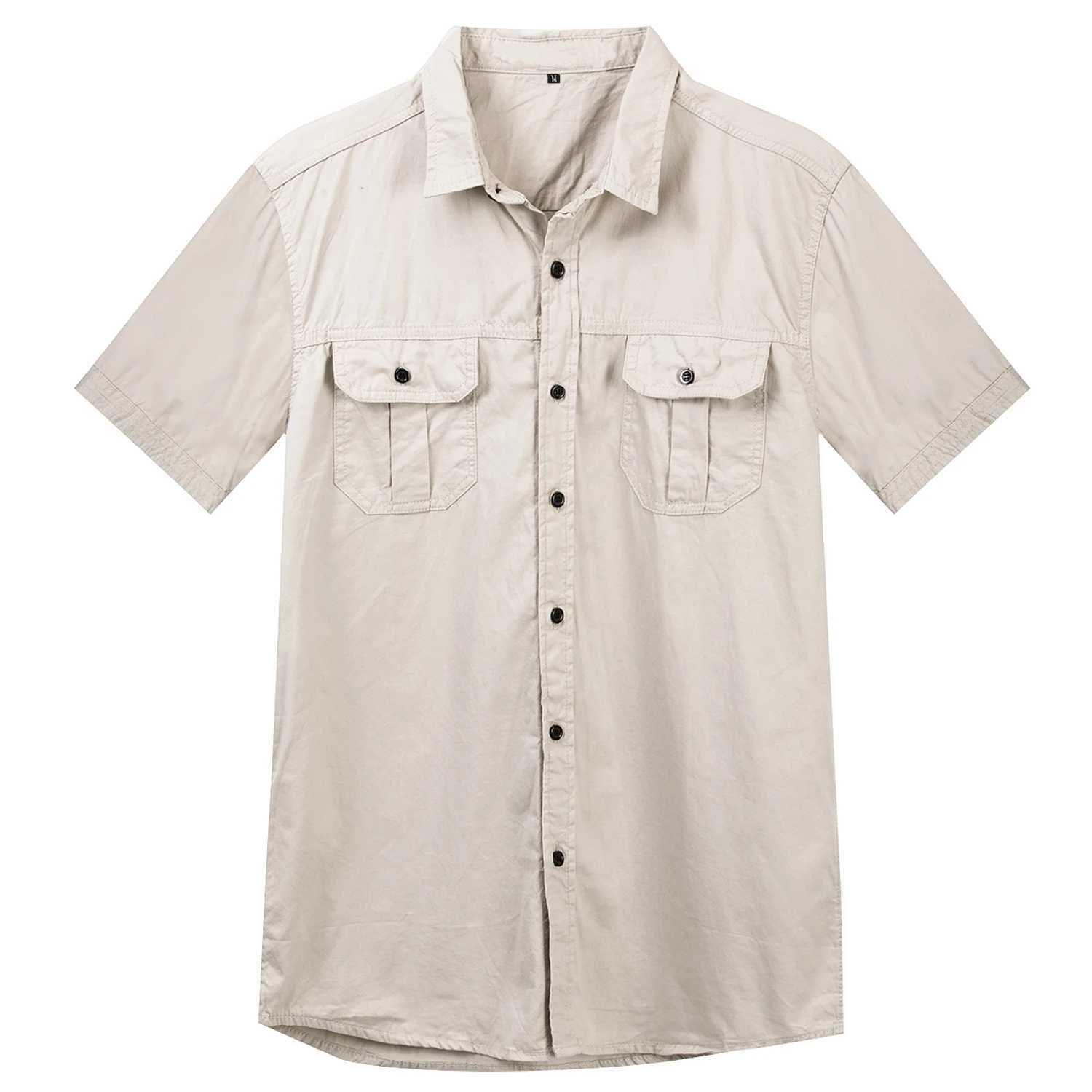 2024 Summer New Mens Short sleeved Solid Color Sari Shirt Casual Goods Work 100% Cotton Pocket Shirt Mens Flat Top W241026