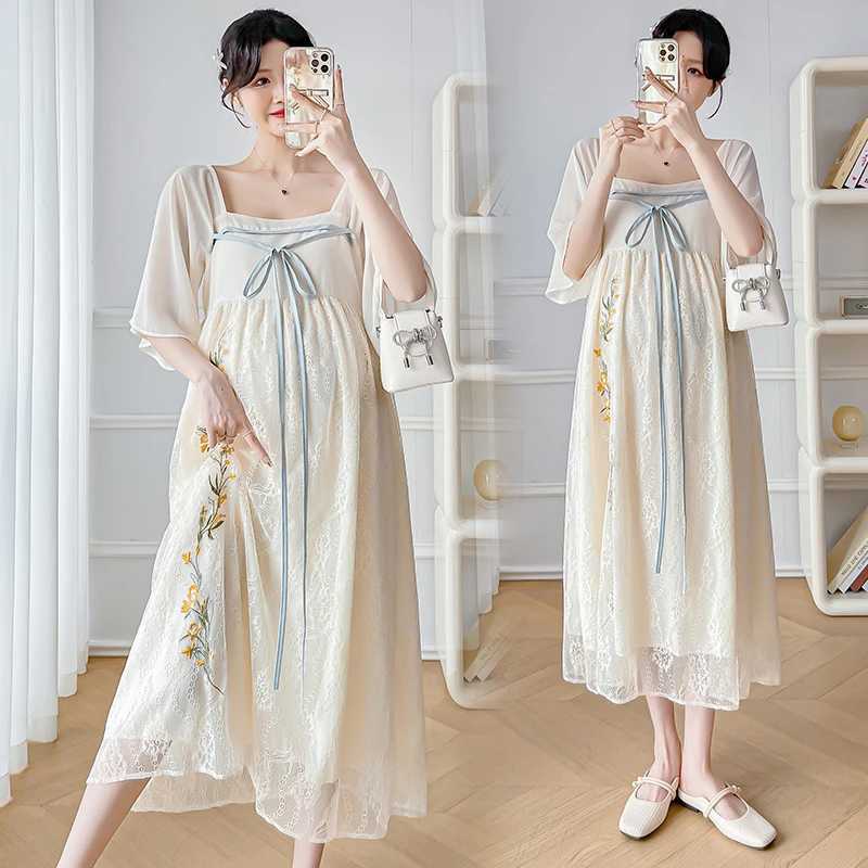 Summer Chinese Embroidered Lace Dress for Pregnant Women Hanfu Pregnant Womens Dress Sweet Square Neck Pregnant Womens Holiday Dress W241026