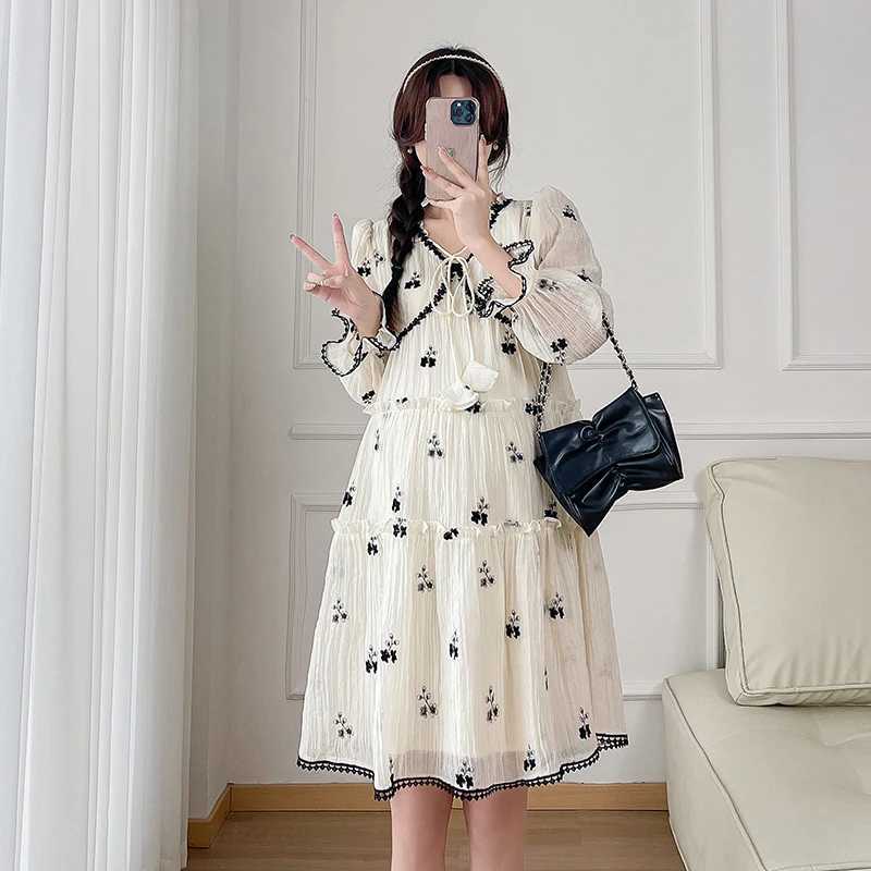 Autumn maternity dress fashionable printed pleated edge splicing work maternity spring dress loose A-line dress short skirt W241026