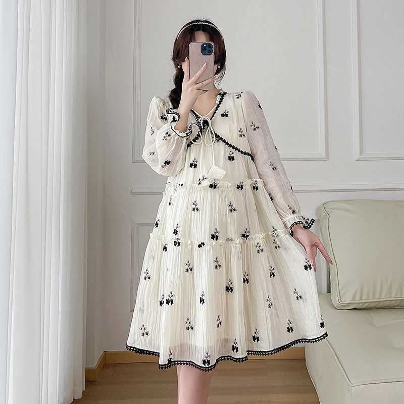 Autumn maternity dress fashionable printed pleated edge splicing work maternity spring dress loose A-line dress short skirt W241026