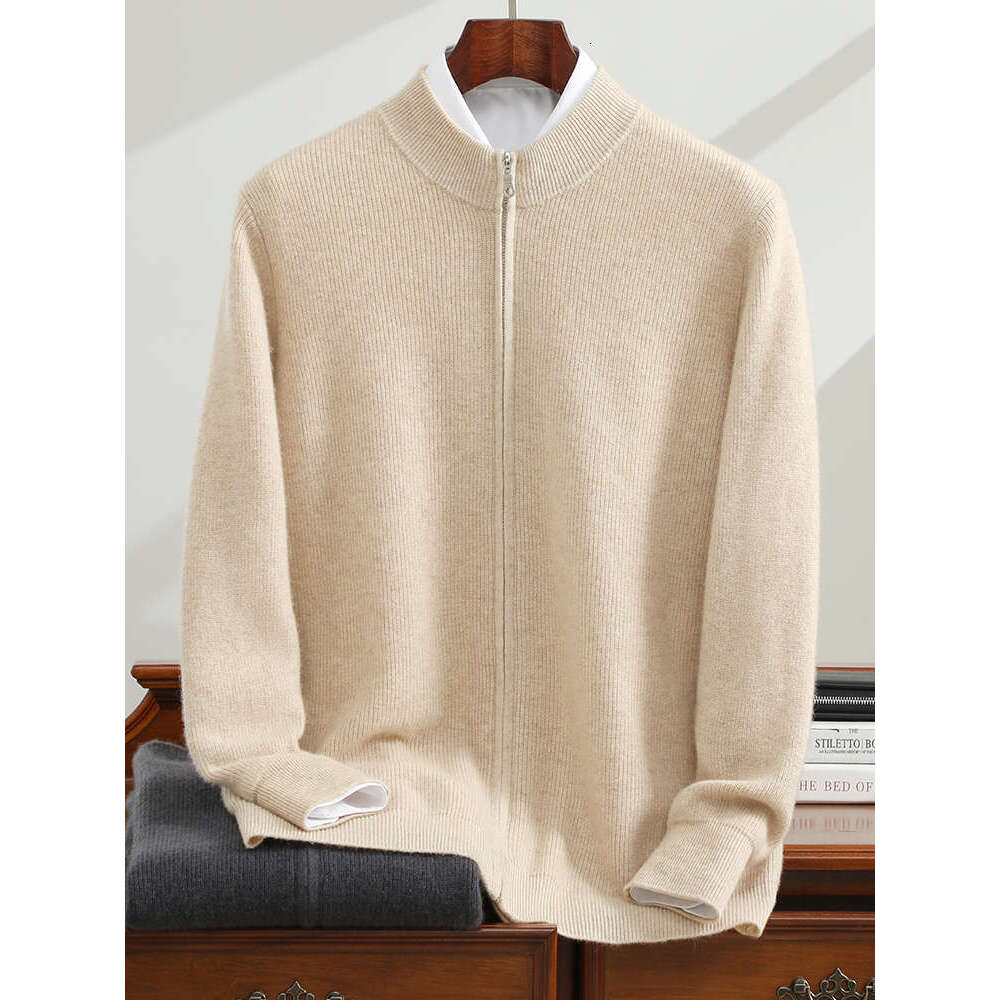 100% Cashmere Cardigan Men's Semi-High-Neck Zipper Coat Autumn Winter Thick Sweater Coat Large Size Men Jacket Warm Knit Shirt