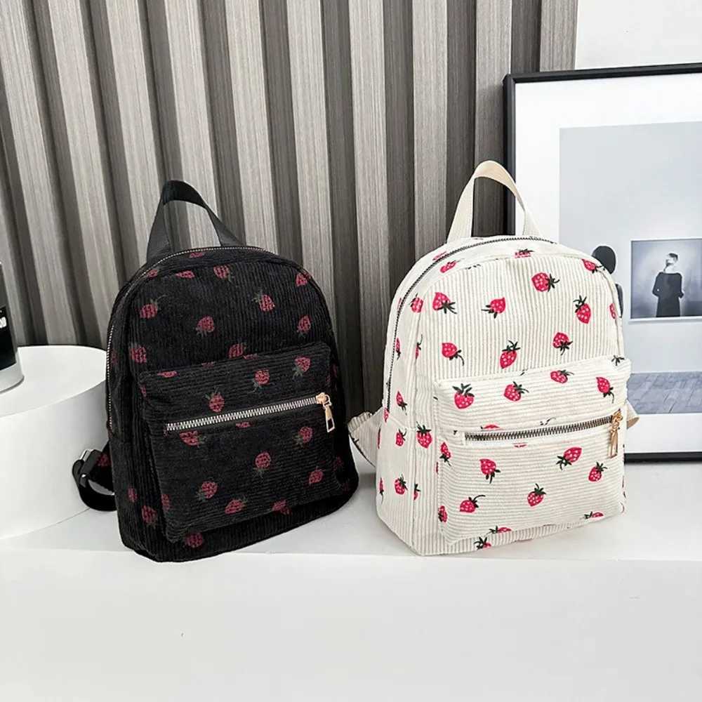 Corduroy Strawberry Backpack Large Capacity Multi-pockets Travel Backpack Strawberry Pattern Adjustable Strap Daily RucksackXJ241026