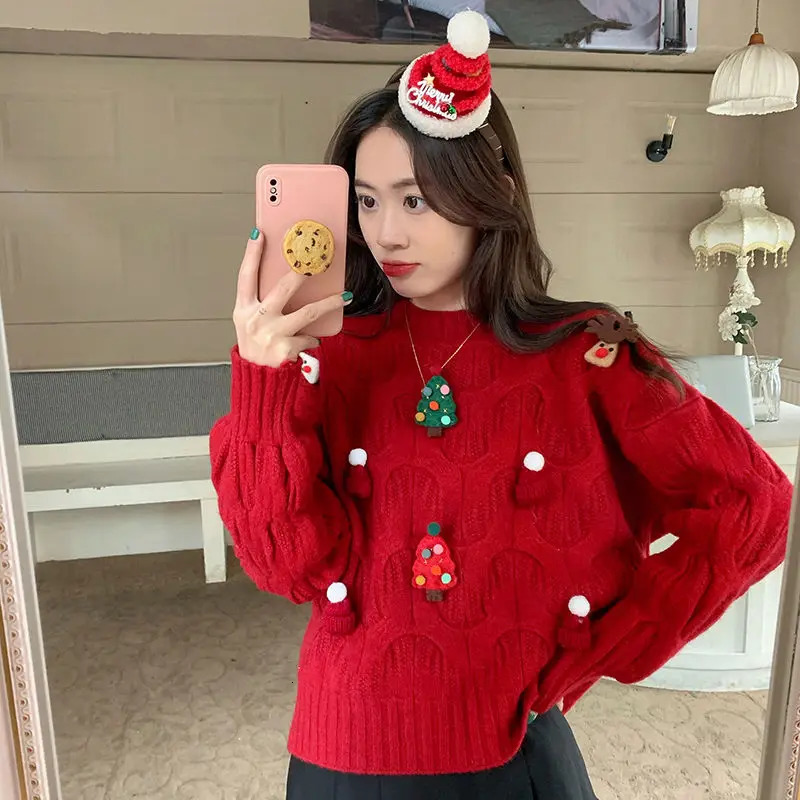 Christmas womens clothing red sweater womens top T-shirt sweet autumn winter casual Korean bright thread decoration knitting pull 241025