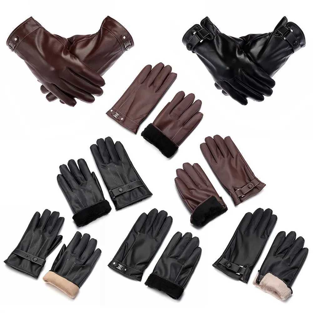 1 pair of mens wool hot leather Gs winter warm touch screen windproof and waterproof driving Gs all finger black Gs W241026