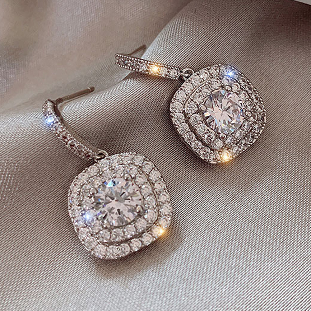 Luxury Round 925 Sterling Silver Zircon Earrings Women Pink Diamond Stud Earrings Red Crystal White Gold Earrings Wedding Jewelry