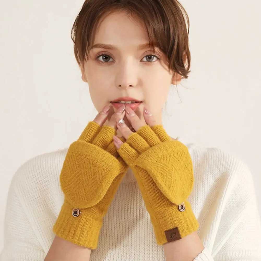 Womens winter warm Gs thick wool Gs knitted flip cover finger exposed finger thick Gs no finger gloves W241026