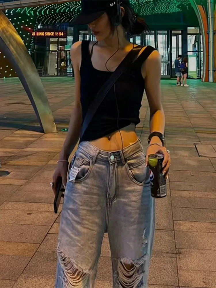 Vintage Ripped Jean Summer Holes Tassel Denim Pants Light Blue Trousers Female Wide Leg High Waist Straight Jeans 4XL 241025