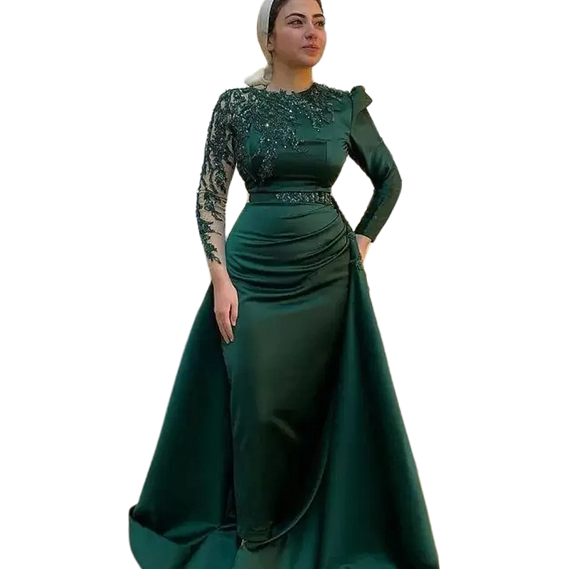 Elegant Arabic Islamic Evening Dresses Beaded Lace Long Sleeves Sheath Ankle Length Prom Dress With Detachable Skirt Hunter Green Muslim Satin Formal 