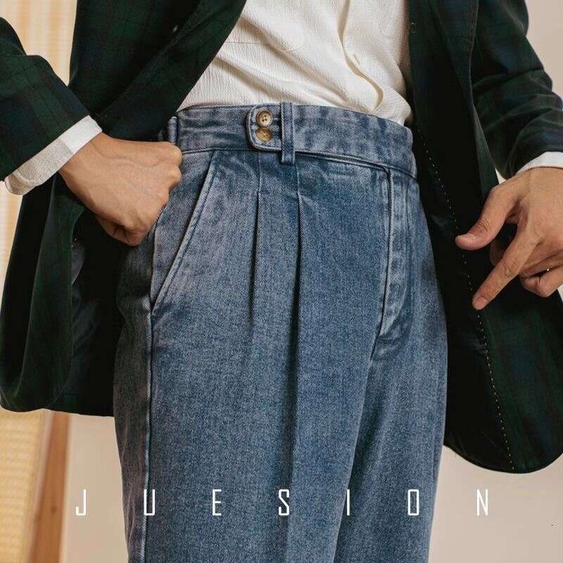 Men's Naples denim pants, English style double pleated waist button pants, business casual retro denim pants, street wear, gentlemen