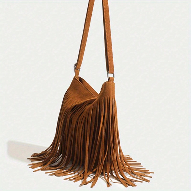 Brown Suede Elegant Crossbody Bag with Adjustable Strap - Hand Washable, Solid Color, Buckle Closure, Polyester Lined, No Oil Edges Fringe Shoulder Ba