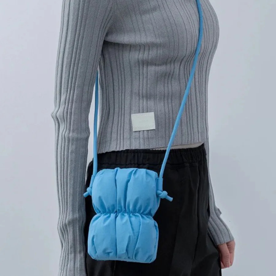 Fashionable Ruched Small Inflatable Bucket Bag Pad Womens Shoulder Bag Casual Nylon Cross Bag Cute Small Phone Wallet 241025