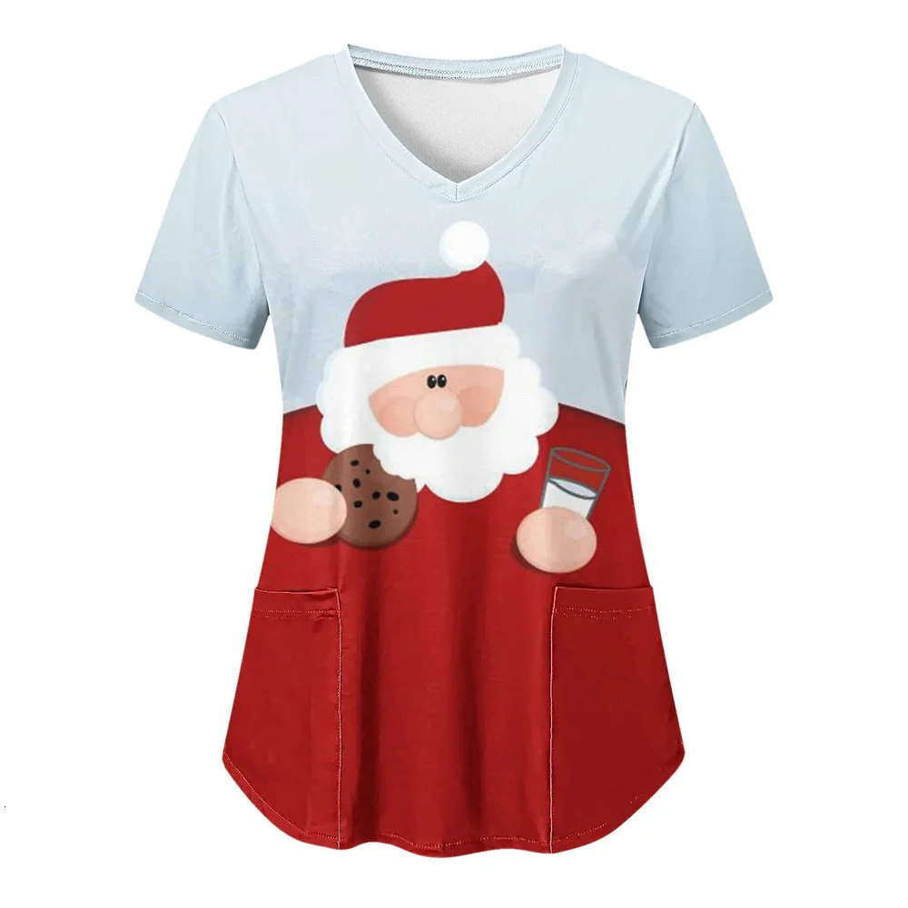 Women Christmas Nursing Scrubs Tops Working Uniform Blouse Short Sleeve Vneck tee Blusas Clothes Nurses Tunic 241025