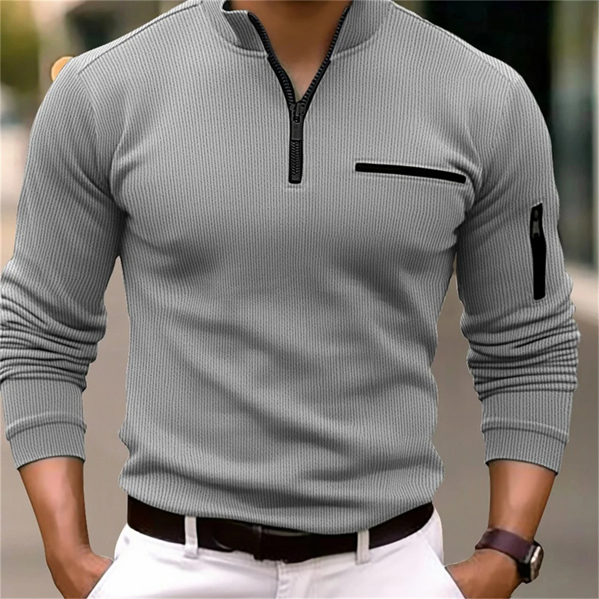 Mens Spring and Autumn Sports Casual Tooling Style Solid Color Striped Arm Zipper Splicing Pocket Long Sleeve POLO Shirt 241025