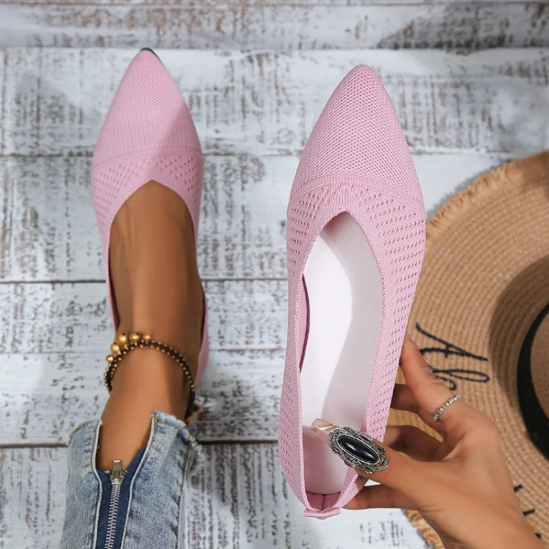 Womens Pointed Toe Flat Shoes Solid Color Knitted Sliding Womens Shoes Casual Breathable Ballet Womens Flat Shoes 241024