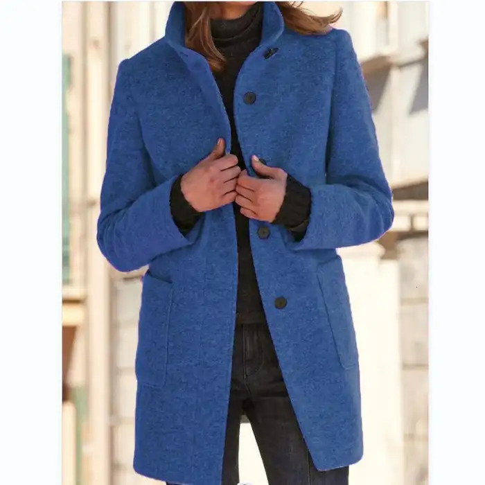 Womens Parka Warm Trench Coat Wool Blend Jacket Casual Retro Button Clre Solid Color Stand Collar Winter 241025