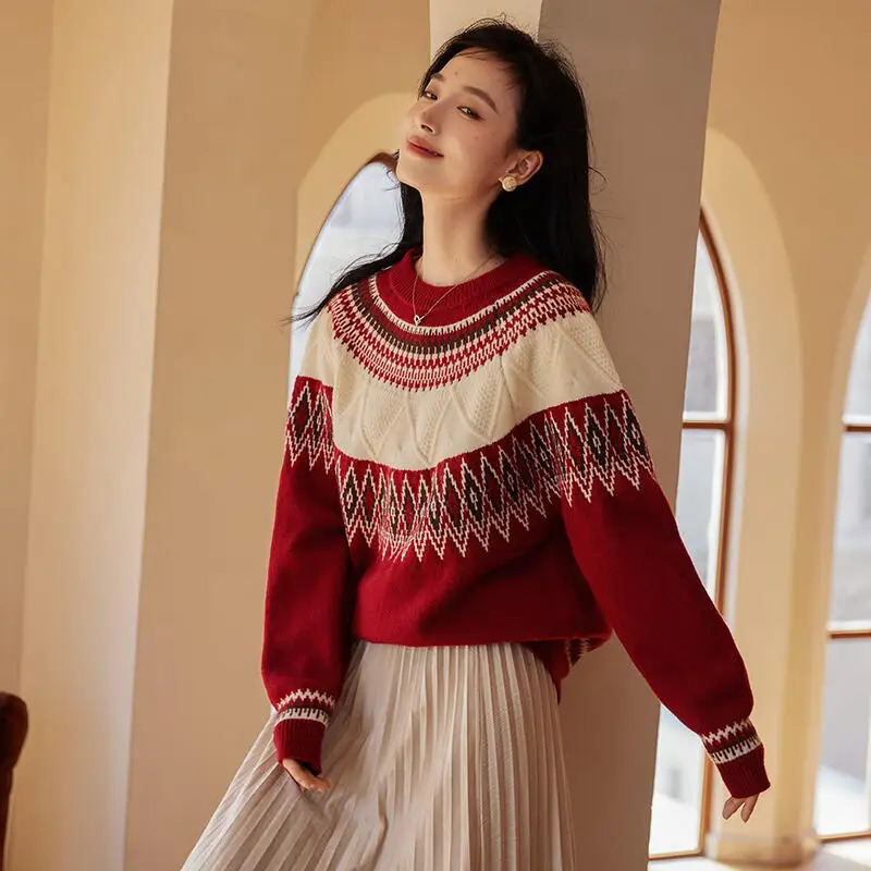 REDDACHiC Jacquard Retro Women Fair Isle Sweater Oneck Pullover Long Sleeves Loose Casual Jumper Top Christmas Winter Knitwear 241025