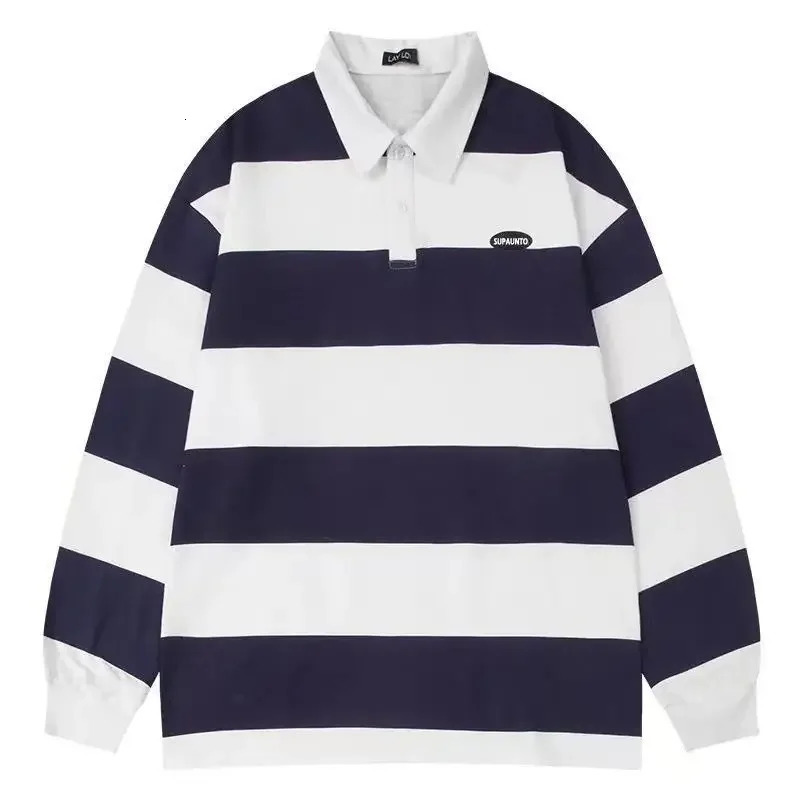 Spring Autumn Long Sleeve Polo Shirt Mens Striped Japanese Style Loose Fit Versatile Trendy Lapel Tshirt Top For Youth 241025