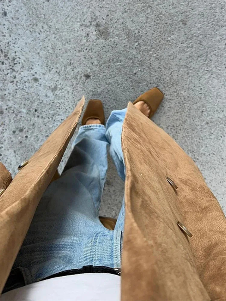 Fashion collar double chest womens oversized jacket elegant suede leather womens long sleeved jacket autumn long jacket 241025