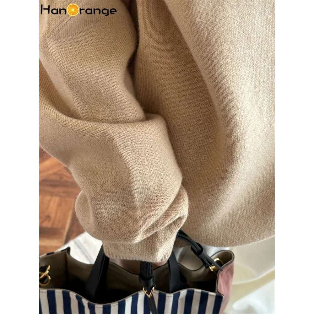 Hanorange 2024 Winter Turtleneck Cotton Cashmere Sweater Women Soft Skin Friendly Loose Top Black/Apricot