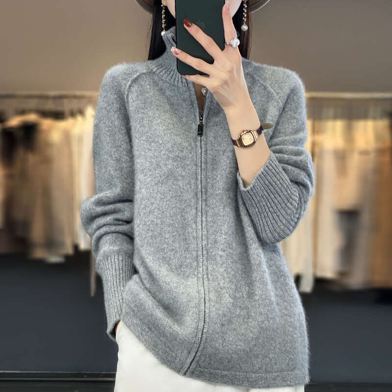 2024 New Chic Zipper Cardigan Spring Autumn Warm Long Sleeve 100% Merino Wool Fashion Knit Sweater Women Coat