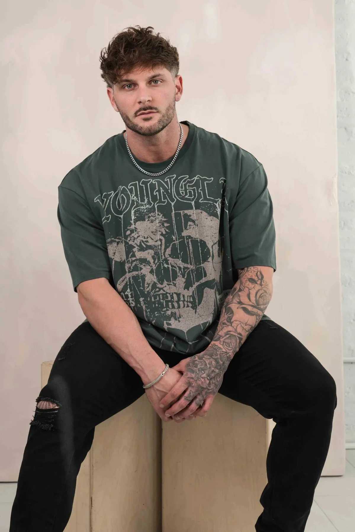 Summer Cold Wave Cool Skull Pattern T-shirt Mens Loose 240g Short Slip Mens Cotton Work Neck Running Sports Leisure Strt Top W241026