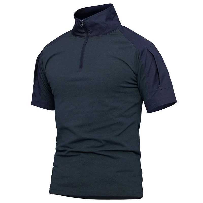 Summer Short Sleeve Battle Shirt Mens 1/4 Zipper Cotton Tactical Shirt Navy Blue Outdoor Shirt with Zipper Pocket W241026