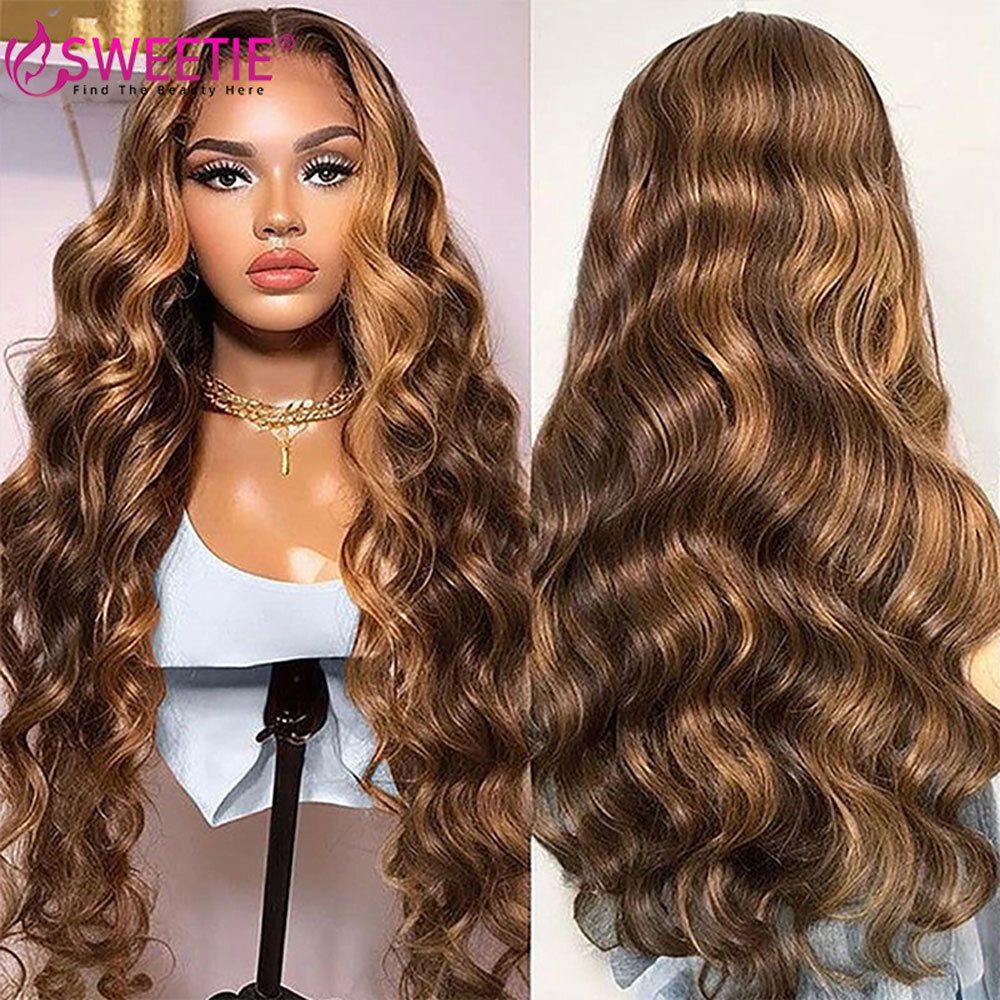 Sweetie Highlight Body Wave P4/27 Colored Ombre Front Human Hair 180% Density Piano Color 13x6 Lace Frontal Wig