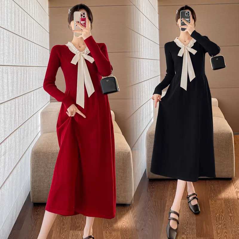 Autumn and winter pregnant womens knitted dress with sweet bow collar loose pregnant womens pleated dress New Years dress W241026