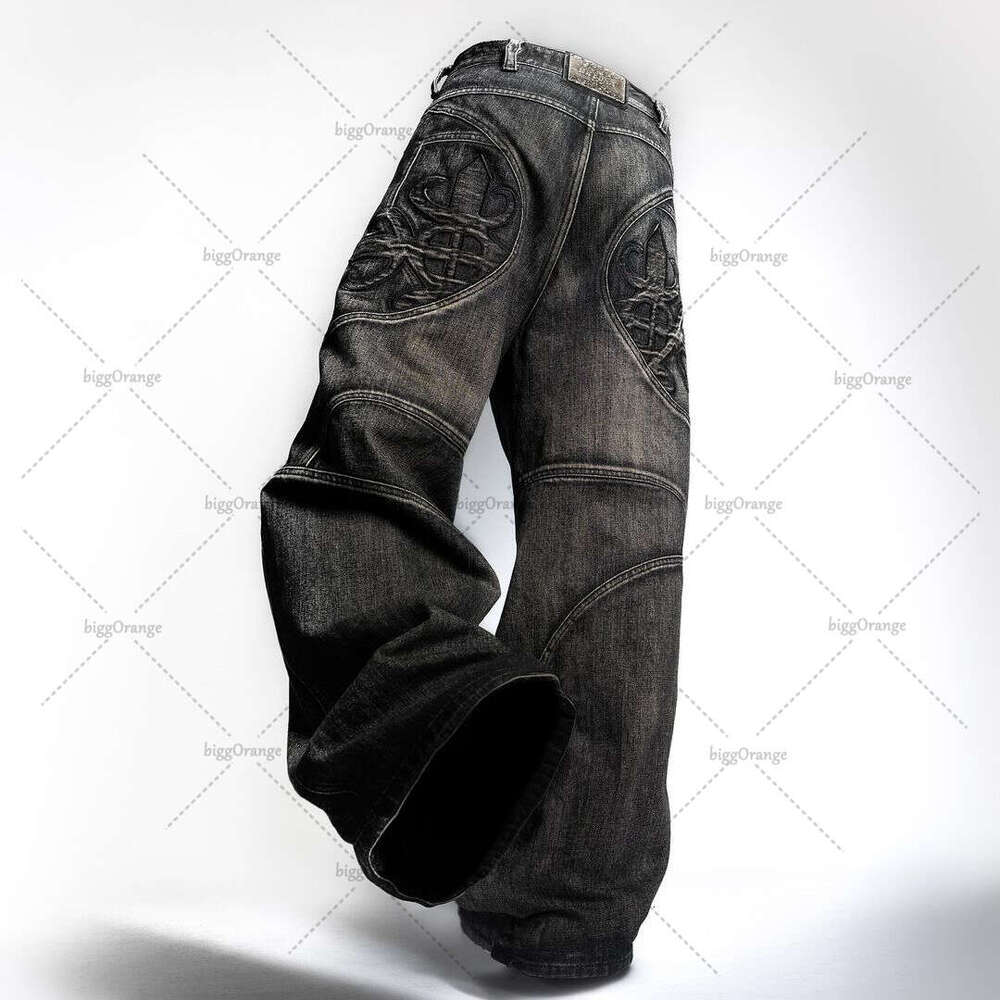 Haruku Retro Street Splicing Embroidery Pattern Washed Loose Women's Trendy Heavy Industry Jeans Y2k Wide Leg Pants