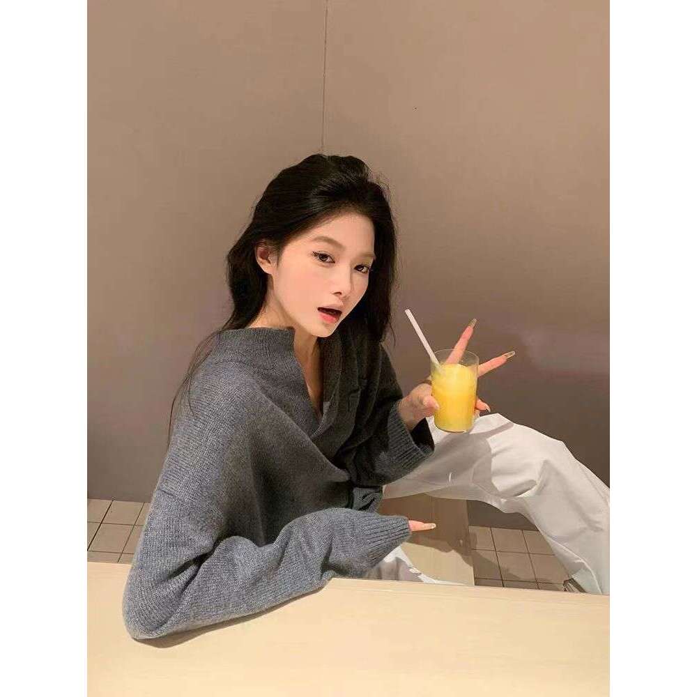 Fall 2024 New Gray Pullover 100% Cashmere Top Loose Long Sleeve Sweater Women