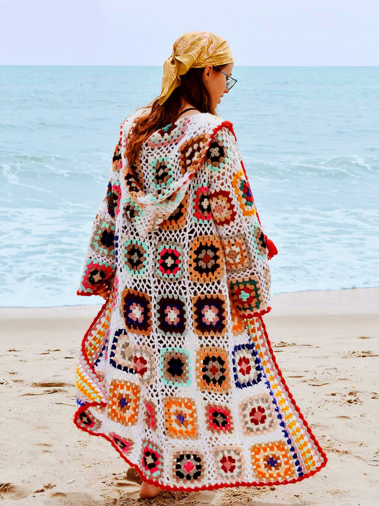 Gypsylady Vintage Handmade Kintted Multicolor Crochet Hooded Women Winter Cardigan Long Sweater Outerwear Coat