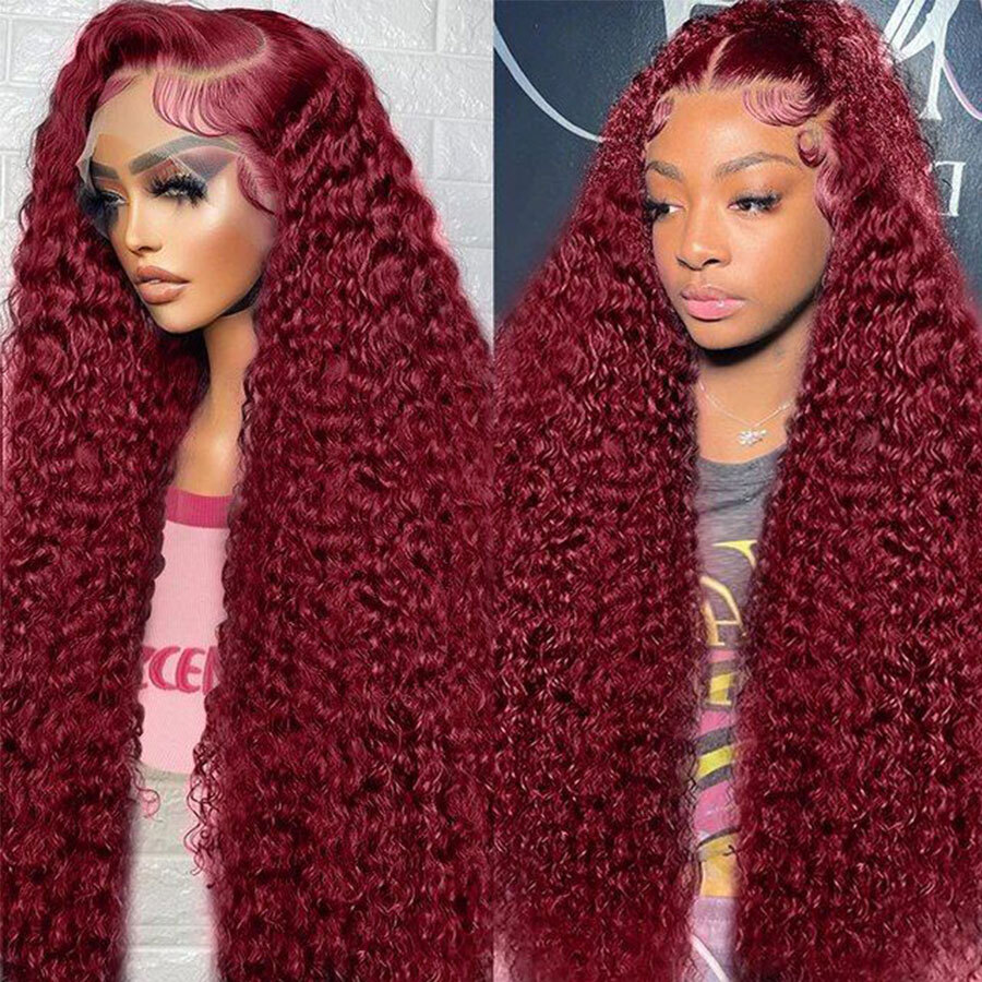 13x4 HD 99J Bury Deep Wave Front 220 Density Curly 30 34 Inches 13x6 Lace Frontal Human Hair Wig Red Wine For Women