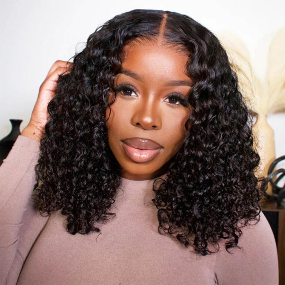200Density 12A Deep Wave 13x4 Short Lace Front Bob Human Hair Wigs HD Transparent 200% Curly Frontal Wig For Women