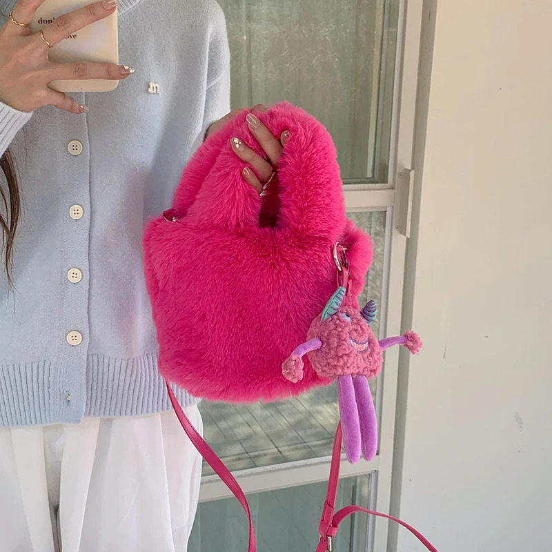 Plush Velvet Womens Bag Autumn/Winter Rose Red Handbag Doll Little Monster 241025