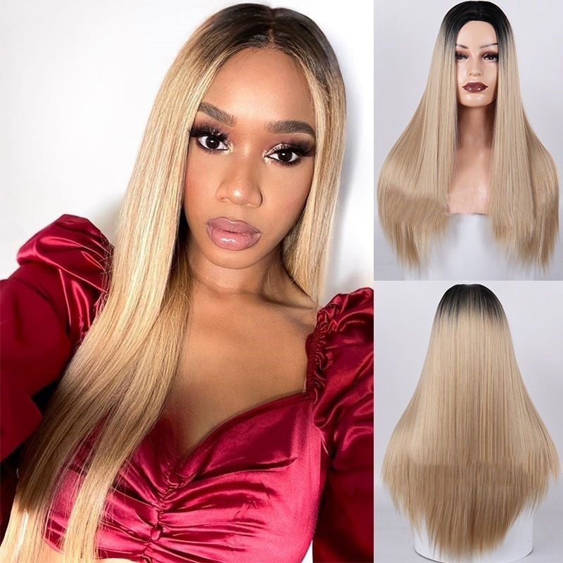Hot selling wigs for women fashion dyed gradient color long straight hair wigs chemical fiber hair