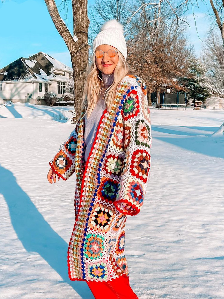 Gypsylady Vintage Handmade Kintted Multicolor Crochet Hooded Women Winter Cardigan Long Sweater Outerwear Coat