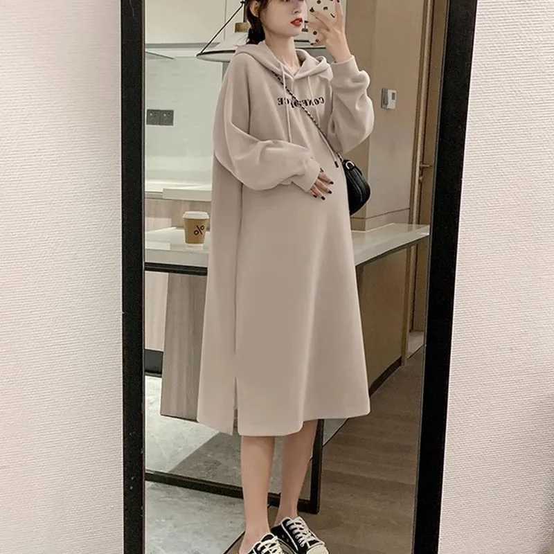 Pregnant Dress Autumn/Winter Pregnant Sweater Hoodie Shoulder Strap Zipper Side Split Pregnant Hoodie Long Sweater W241026