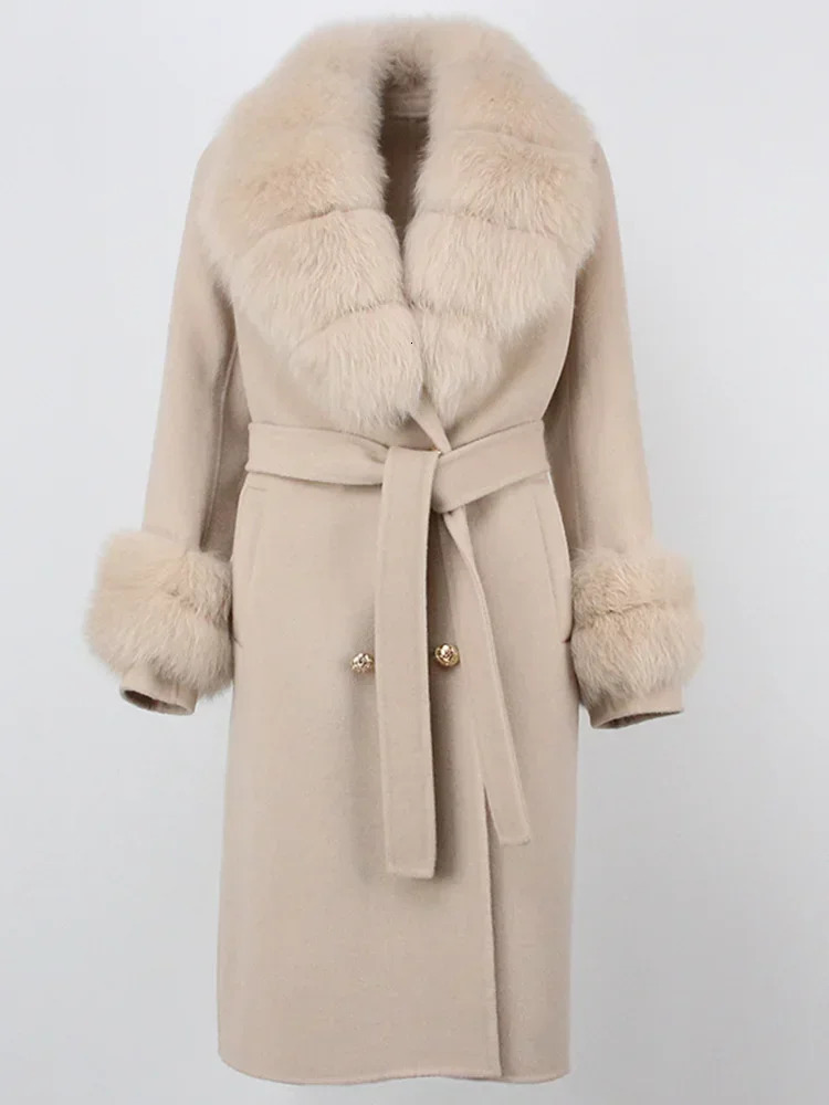 2024 Winter Jacket Women Long Natural Wool Blends Cashmere Real Fur Coat Double Breasted Belt Warm Streetwear Fashion y241025