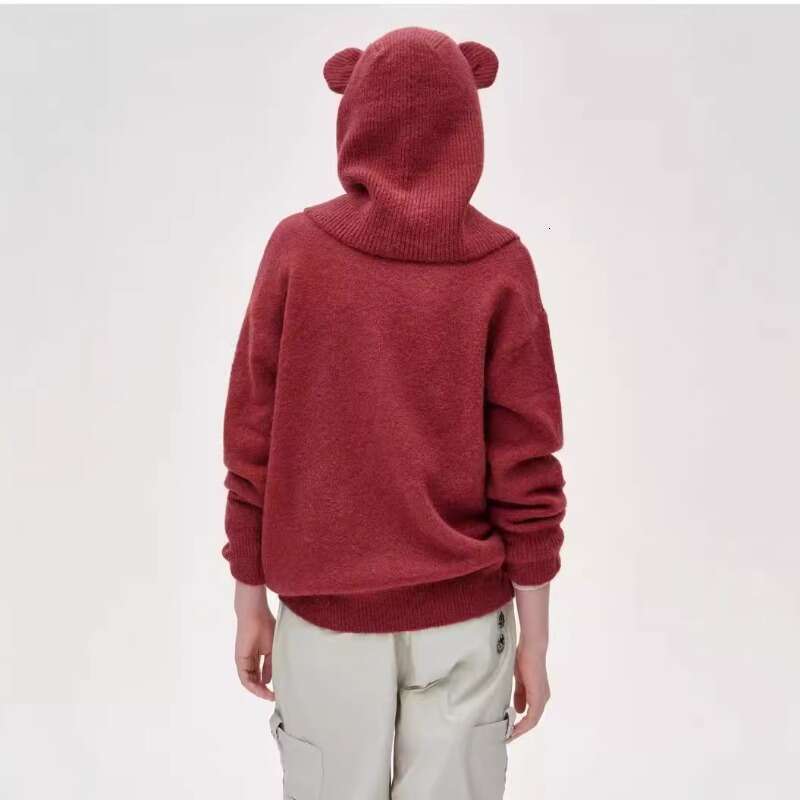 2024 Women's Winter Clothing New Detachable Hat Retro Fashion Round Neck Hoodie Knitted Women Sweater Pull Coreen