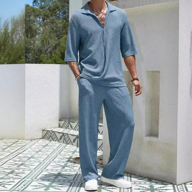 Prowow Mens Set Half Sleeved Shirt and Long Pants Twopiece Turndown Vneck Casual Streetwear Holiday Loose Suit s 241025