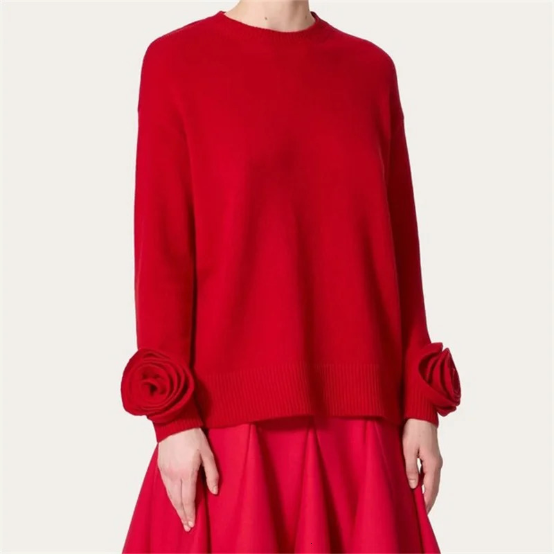 Womens sweater 3D floral decorated round neck pullover for autumn 2024 wool blend long sleeved top Elastic Knitwear 241025
