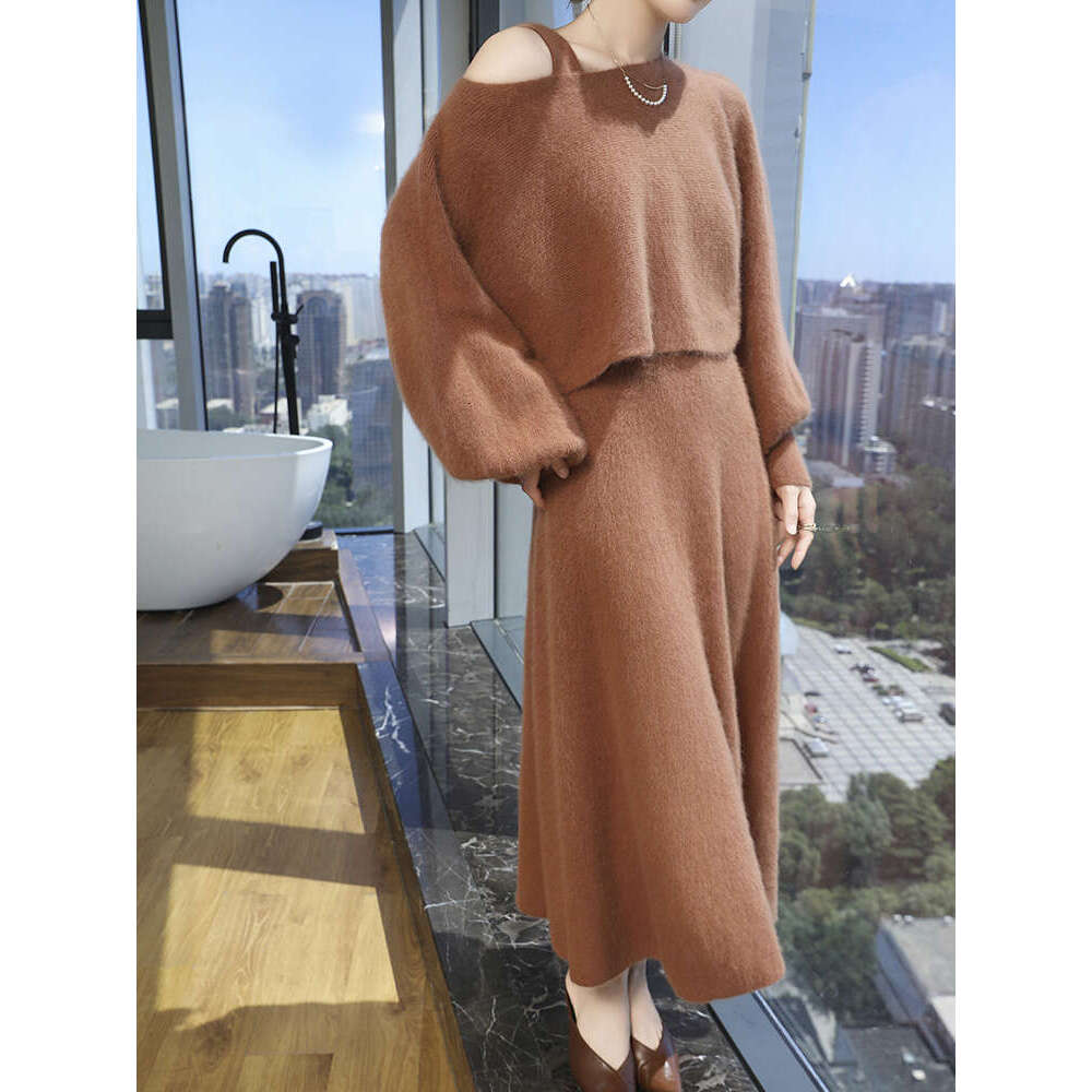 Women One Collar Dresses 100% Mink Cashme Knit High Quality Sweater Top And Skirt Two-Piece Female Clothing Soft Suit