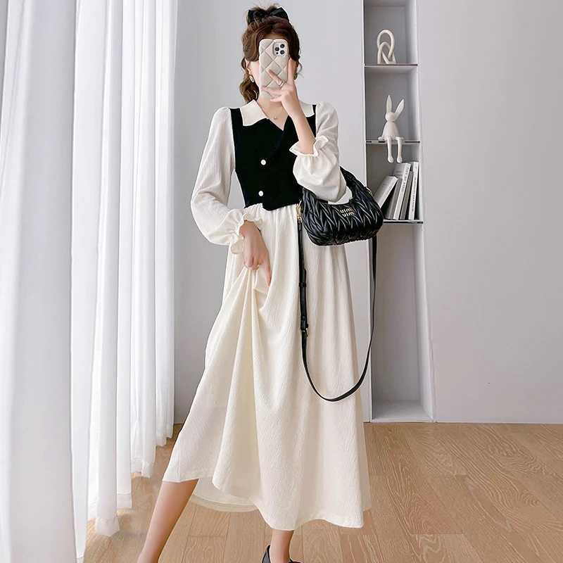 2024 autumn and winter knitted patch work pregnant womens dress with long flame sleeves loose collar elegant pregnant womens clothing W241026