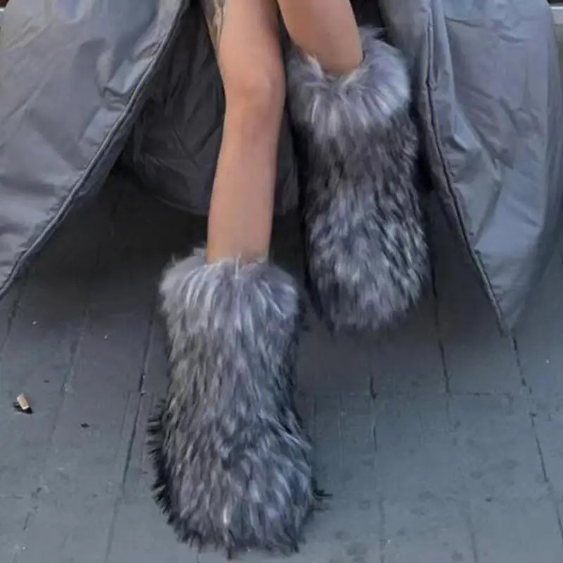 Winter Shoe Womens Winter Fluffy Faux Fox Fur Boots Woman Plush Warm Snow Boots Footwear Furry Fur Bottes Fashion 241025
