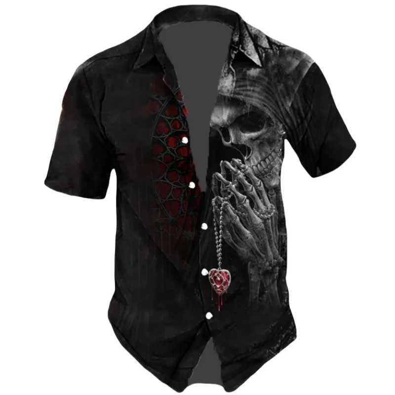 Horror Skull Print Mens Summer Hip Hop Style Short Sleve Collar Mens T-shirt Haian Beach Holiday Shirt W241026