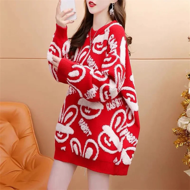 Rabbit Year Red Christmas Thick Sweater Womens Medium to Long Feels Internet in Super Autumn/Winter Mod 241025