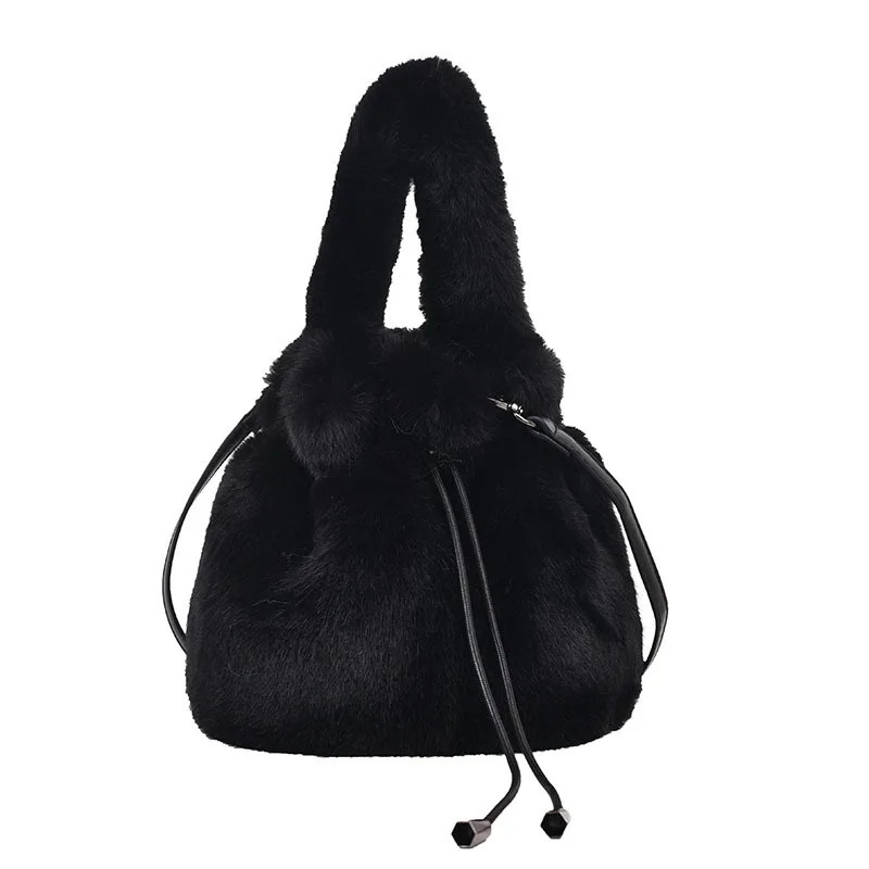 Autumn and Winter Plush Bag Womens Fashion Portable Bucket Bag Pump with Simple One Shoulder Oval Large Span Hair Bag 241025