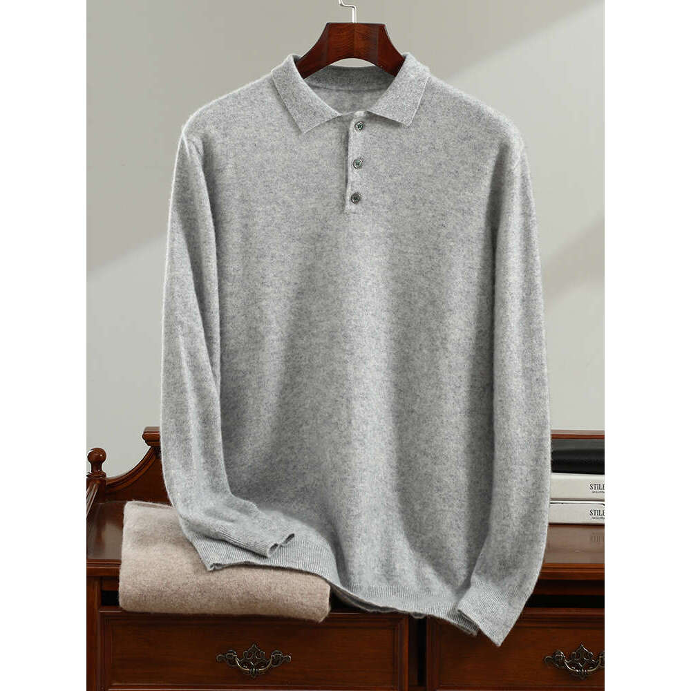 High-End Spring Autumn New Men's Sweater 100% Goat Cashmere POLO Neck Pullovers Youth Pure Color Jumper Men Large Size Knitwea