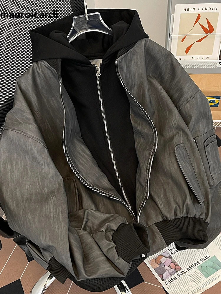 Mauroicardi Spring Autumn Cool Vintage Distressed Pu Leather jacket Men Zipper 2 Piece y ner Clothes Hoodie 241025