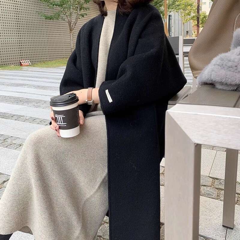 Korean Chic Minimalist Women's Autumn And Winter Temperament Double Pocket Long Sleeved Mid Length Cardigan Woolen Jacket
